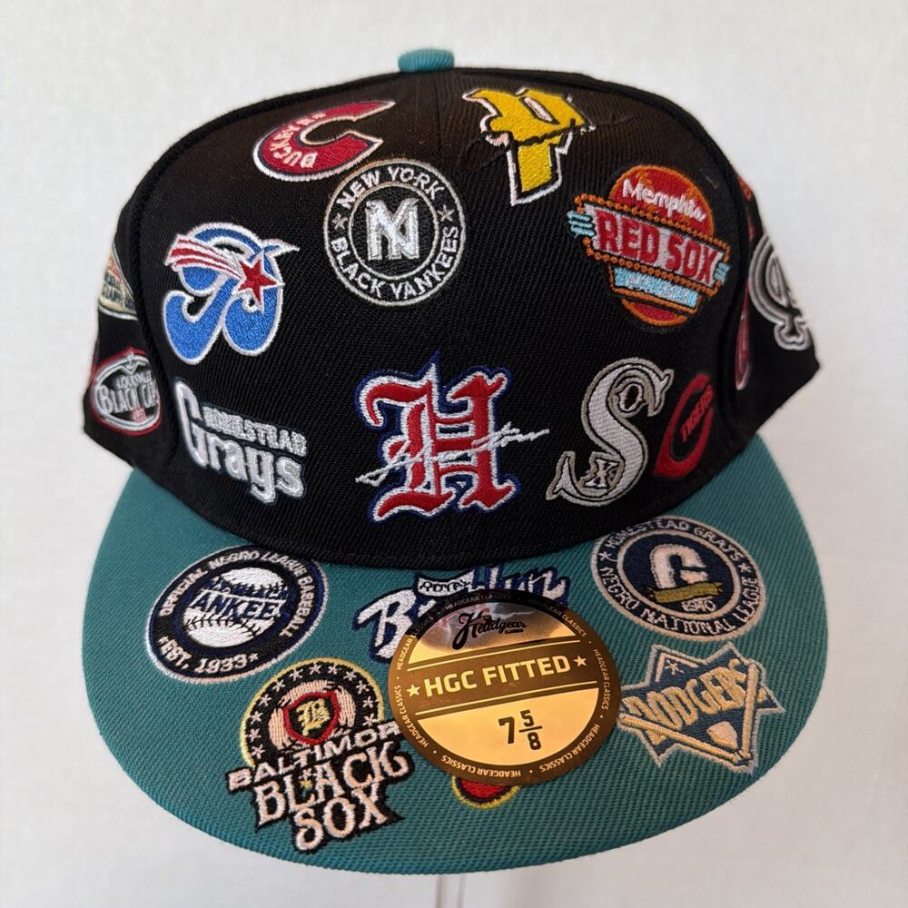 Negro League Team Collage Fitted Hat Cap Size 7 5/8 Black, Blue Headgear Classic